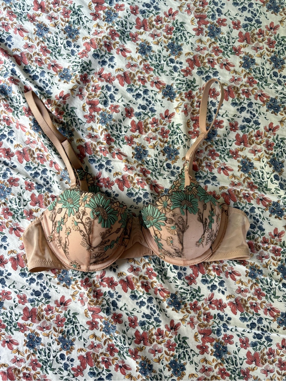 aerie Nude Bra with Green Floral Embroidery
